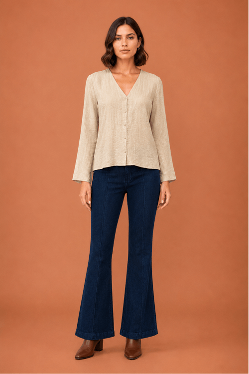 Blusa plissada manga sino bege -1-